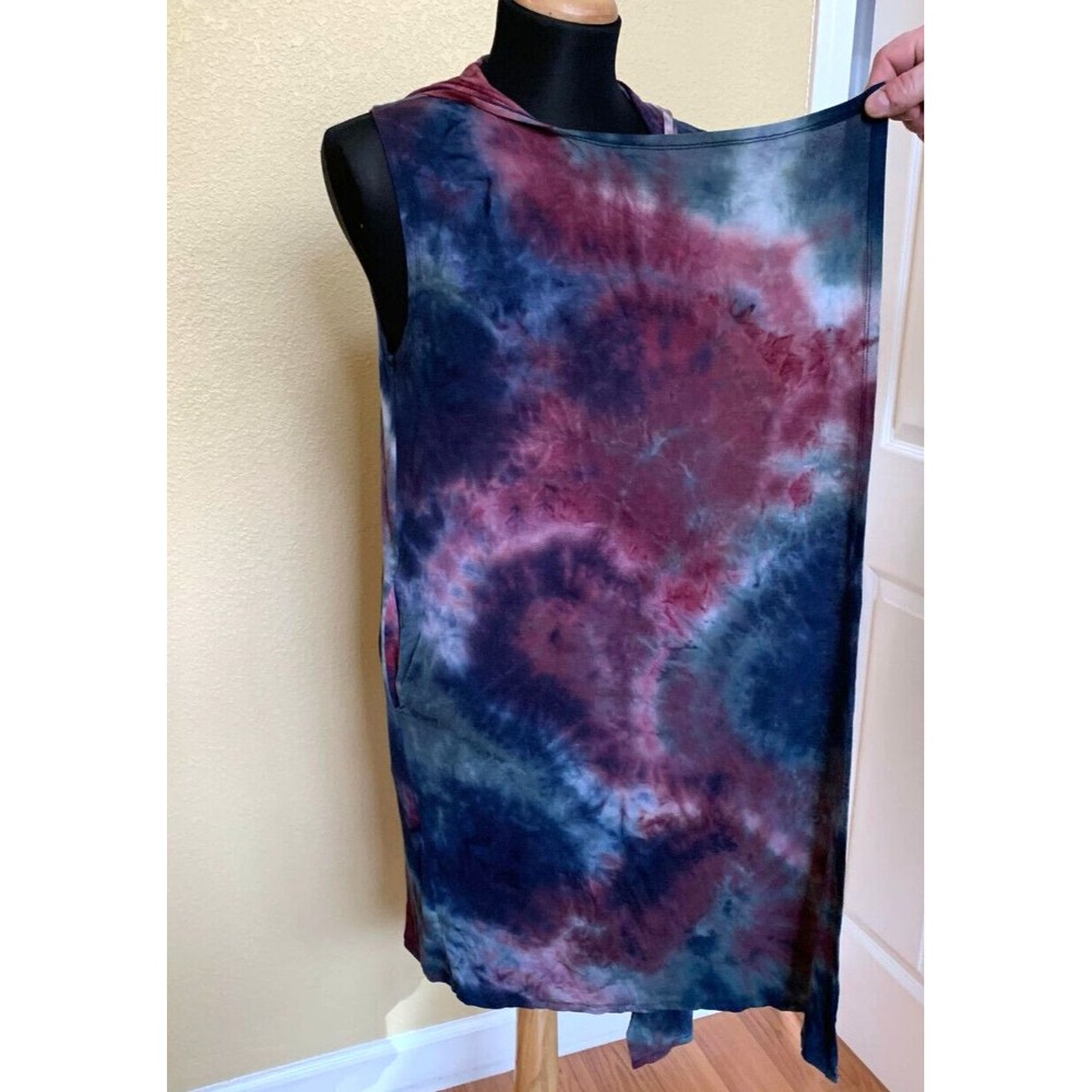 COIN 1804 Tie Dye Open Front Draped Hooded Boho Long Vest Cardigan Sz M Pockets - Picture 3 of 7